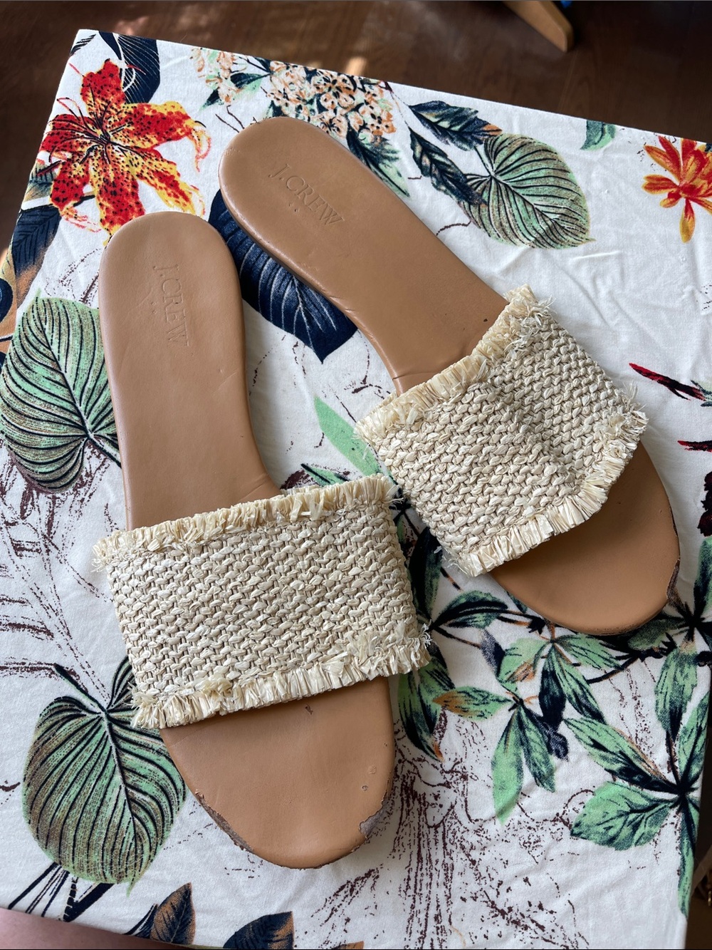 J. Crew Cream Woven Raffia Slide Sandals with Tan Footbed